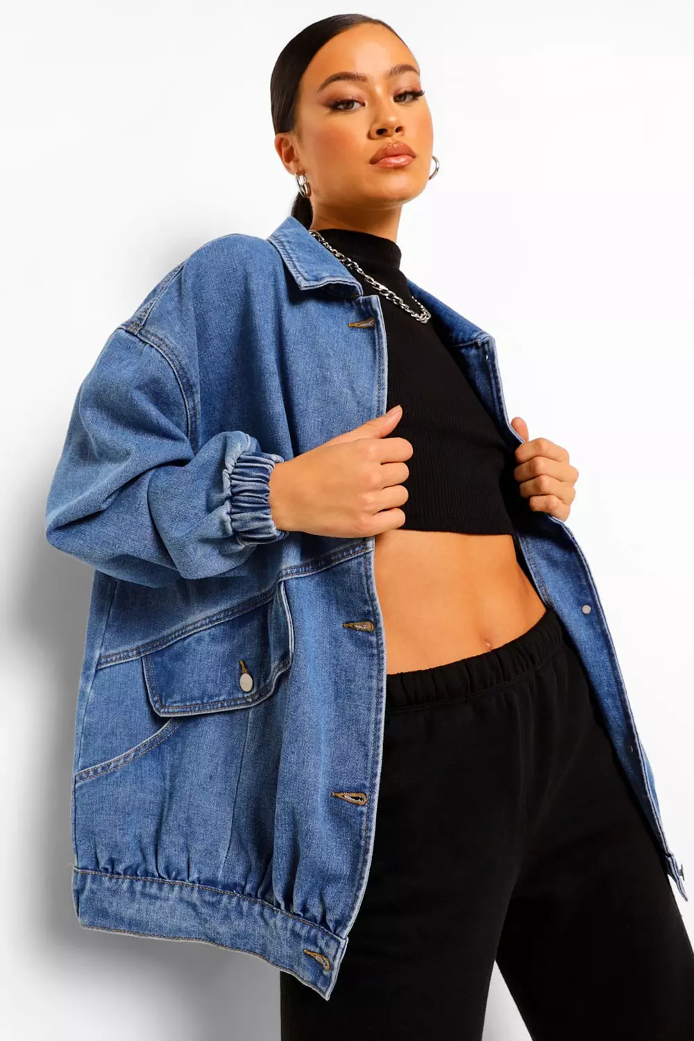 Womens longline store black denim jacket